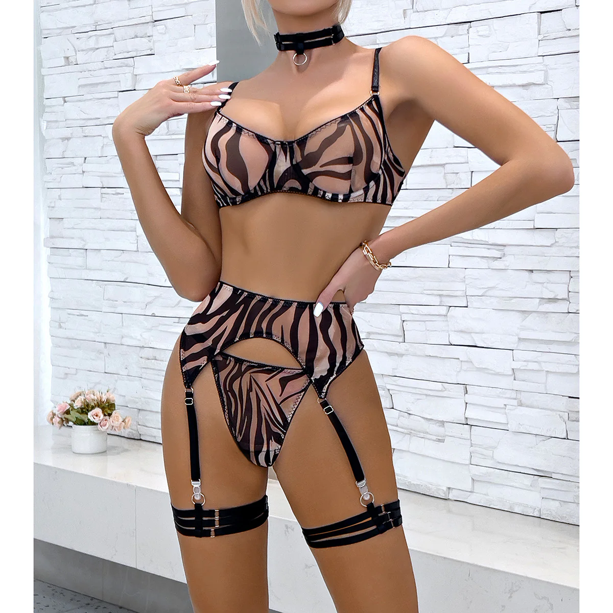 See-through sexy zebra print four-piece suit - Image 3