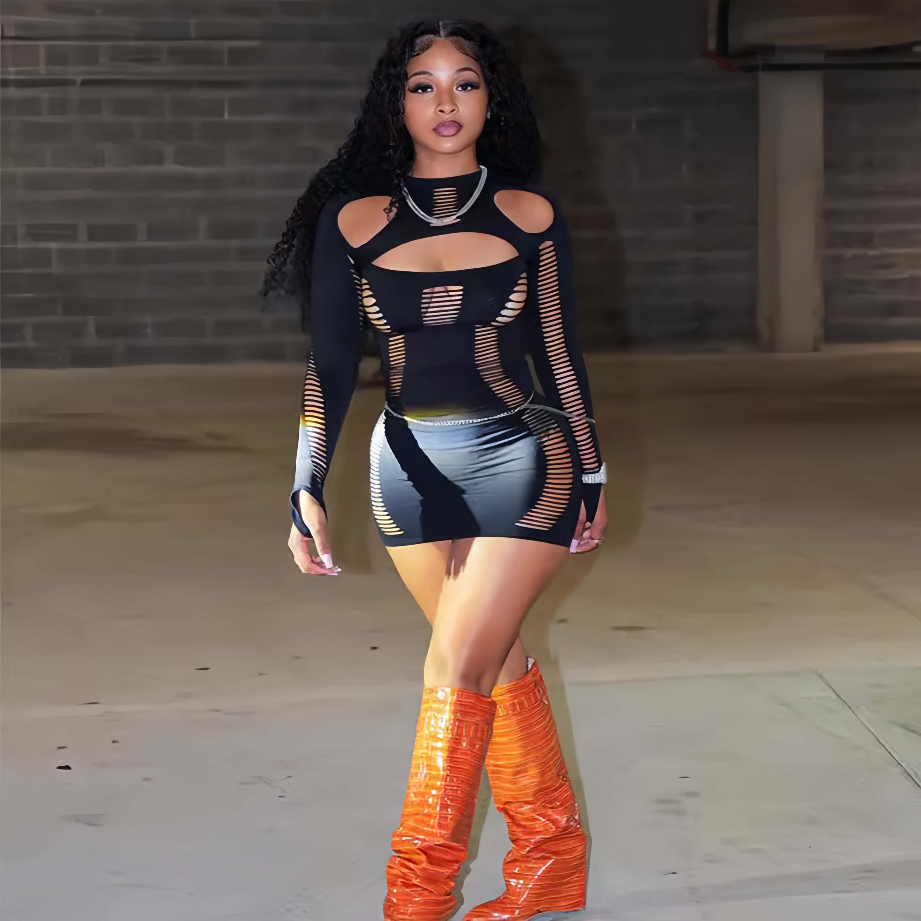 Sexy hollow round neck long sleeve dress - Image 3