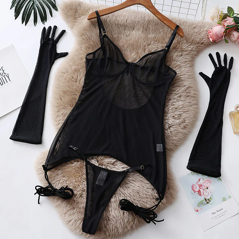 Sexy lace underwear with gloves - Image 4